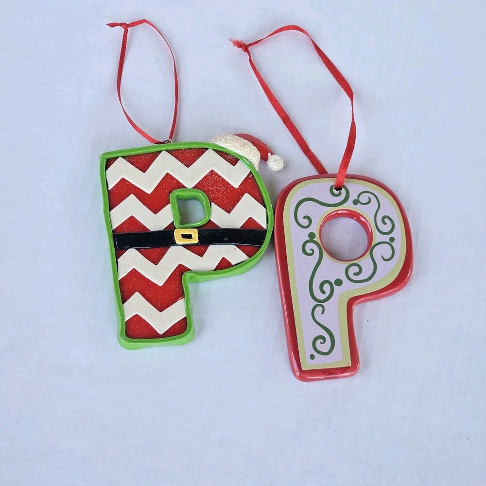 INITIAL PEPPERMINT CANDY CANE LETTER P MONOGRAM ORNAMENT Lot Set Of 2